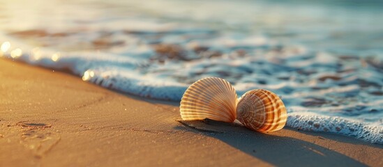 Poster - A pair of seashells resting on a sandy shoreline near the water with copy space image