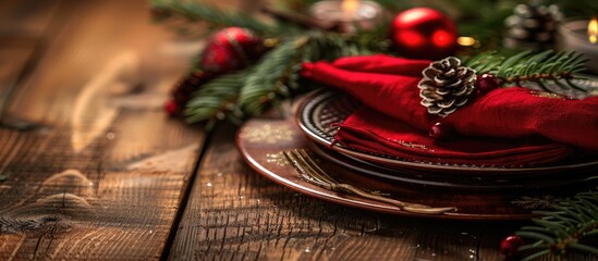 Poster - Wooden table setting with a red napkin and festive Christmas background like a copy space image