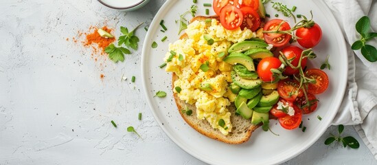 Leinwandbilder - Side view of a white plate with scrambled eggs and tomatoes accompanied by milk toast with avocado and copy space image