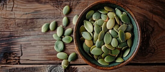 Poster - A bowl of unprocessed pumpkin seeds placed on a wooden table with room for text alongside the image. with copy space image. Place for adding text or design