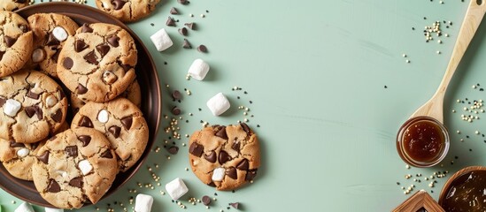 Fototapete - Homemade cooking concept with chocolate chip cookies marshmallows recipe book marmalade wooden spoon on light green background copy space image available