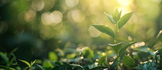 Leinwandbilder - A young plant thrives in the morning light against a lush green bokeh backdrop symbolizing new life growth ecology and financial potential in a business setting perfect for copy space images