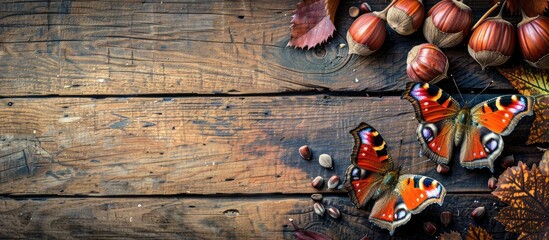 Leinwandbilder - Wooden background showcasing European sweet chestnuts and helicon butterflies seen from above with room for text in the image. with copy space image. Place for adding text or design