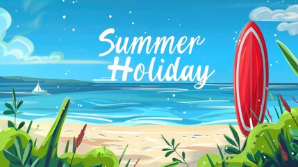 Wall Mural - summer holiday on tropical beach with surfboard illustration