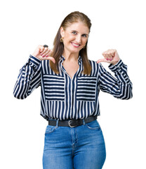 Sticker - Middle age mature business woman over isolated background looking confident with smile on face, pointing oneself with fingers proud and happy.