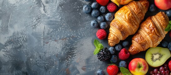 Fototapete - Croissants with assorted fruits placed elegantly on a bright backdrop perfect for a copy space image