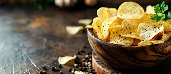 Aufkleber - Wooden bowl filled with black pepper seasoned potato chips on a table with room for a copy space image