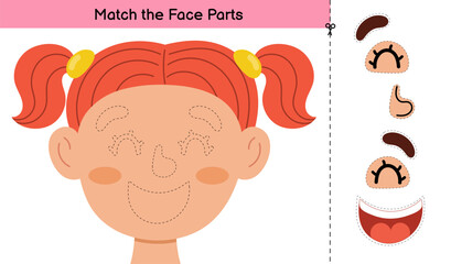 Poster - Face Parts cut and glue game with a cute girl. Educational activity page for kids. Matching game for school and preschool. Vector illustration