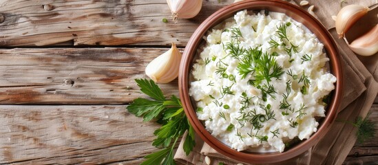Poster - Top view of a ceramic bowl on a wooden table with fresh cottage cheese sour cream dill parsley and onion with copy space image