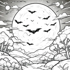 a cartoon illustration coloring page of bats flying in a sunset sky