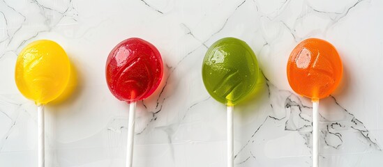 Poster - Colorful oval lollipops in red yellow green and orange on a light paper backdrop offering flavors like lemon cherry apple and orange Minimalistic flat lay with a top view and ample copy space image