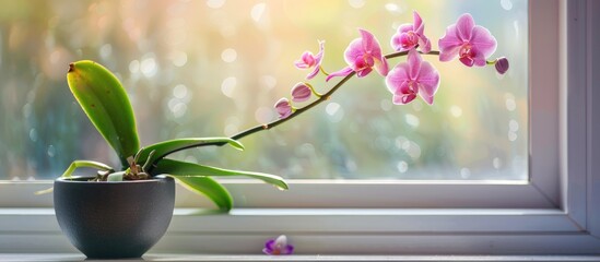 Poster - A gorgeous tropical orchid plant in a pot resting on a windowsill with room for a copy space image