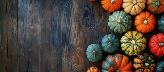 Leinwandbilder - Colorful pumpkins on a rustic dark wooden backdrop from above suitable for Halloween or Thanksgiving gatherings with available copy space image