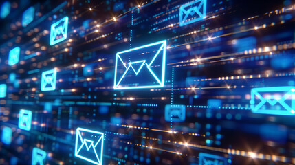 Poster - Online Communication and Technology: Glowing Explore and Email Icons Floating in the Air on a Dark Background with Bokeh Lights Representing Futuristic Data Transfer and Global Connectivity.