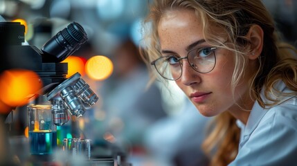 Poster - A close-up photo of a scientist in a lab, intently examining lab-on-a-chip devices.