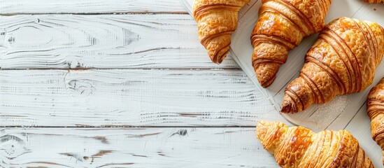 Aufkleber - Top view of croissants presented on a white wooden board with ample copy space image