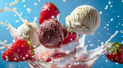 Wall Mural - Ice Cream and Strawberries Splashing in Milk.