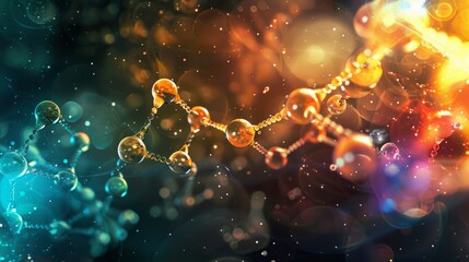 Poster - Abstract Nanotechnology Background. Colorful Molecule Structure with Shiny Atoms. Digital Art Illustrating Future Science Concepts. Ideal for Presentations and Educational Materials. AI