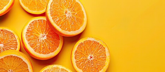 Fototapete - Cut oranges with a detailed texture on a yellow background Clipping path included for copy space image