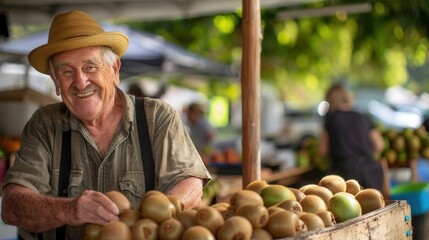 Smiling senior male farmer with fresh harvested kiwi fruit