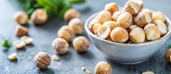 Aufkleber - Peeled Macadamia nuts displayed in a bowl on a bright table with copy space image available