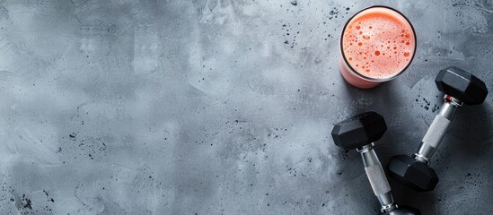 Poster - A protein shake placed beside dumbbells on a gray background with a blank area for an image. with copy space image. Place for adding text or design