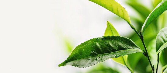 Leinwandbilder - Close up of fresh green tea leaves isolated on a white background freshly picked from an organic tea plantation Food concept with clipping path and copy space image