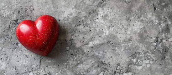 Fototapete - A red heart shaped coconut candy displayed on a concrete background with space for adding images or text. with copy space image. Place for adding text or design