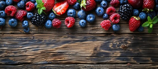 Poster - Fresh organic berries on a natural wooden backdrop with a designated copy space image