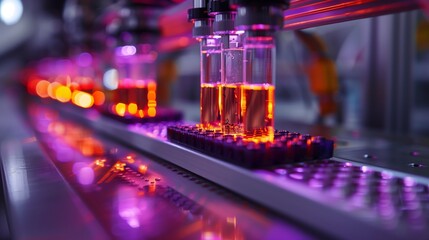 Poster - A close-up of lab-on-a-chip devices used for chronic disease monitoring, with vials illuminated in red and purple light.