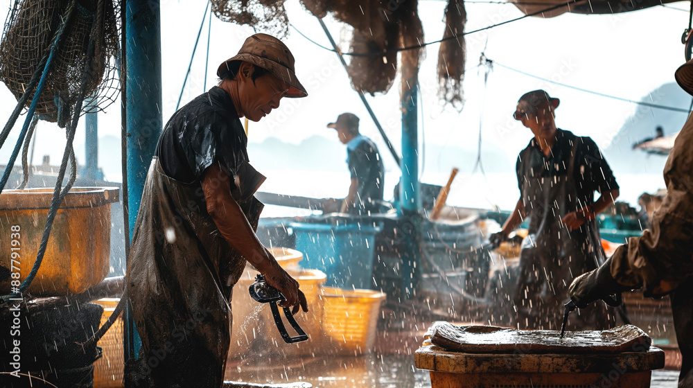 Fish Worker Workers on a fishing boat or fish market processing and sorting fish ...