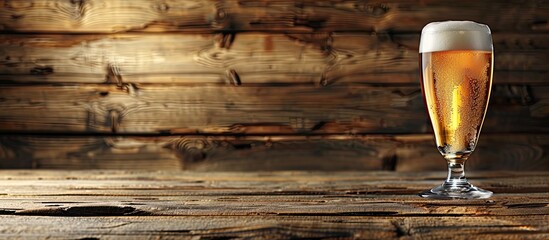 Aufkleber - A clear beer glass on a wooden surface with space for text and a copy space image