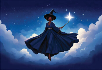 Sticker - a halloween witch woman flying with a magic wand and a star in the sky with fluffy clouds