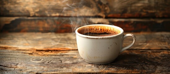 Wall Mural - A steaming cup of black coffee set against a rustic vintage backdrop with ample copy space image