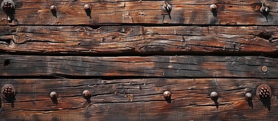 Wall Mural - Close up image of a brown wooden plank with rusty nails displayed in detail within a copy space image