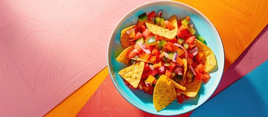Aufkleber - Nacho bowl on vibrant backdrop with copy space image
