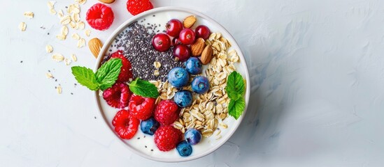 Aufkleber - A nutrient packed yogurt bowl filled with oats berries spirulina chia seeds mint and almonds makes a delicious and healthy breakfast option ideal for showcasing in a copy space image