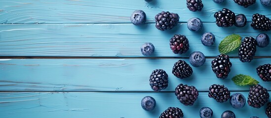 Wall Mural - Blueberries and blackberries arranged on a blue wooden surface for a flat lay composition with copy space image