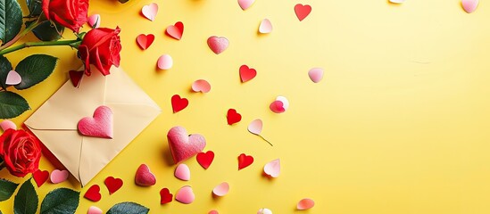 Poster - Valentine s Day concept showcased in a mockup with a love letter hearts and a yellow background in a top view copy space image