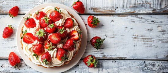 Poster - A summer dessert featuring a strawberry vanilla sponge cake or pie displayed on a white wooden surface adorned with fresh strawberries allowing for copy space image