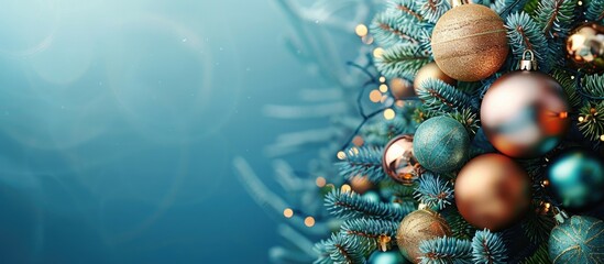 Poster - Christmas tree adorned with festive Christmas ball decor creating a charming holiday ambiance against a backdrop of copy space image