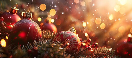 Poster - Selective focus on a festive Christmas background with a joyful New Year greeting in view perfect for a greeting card or copy space image