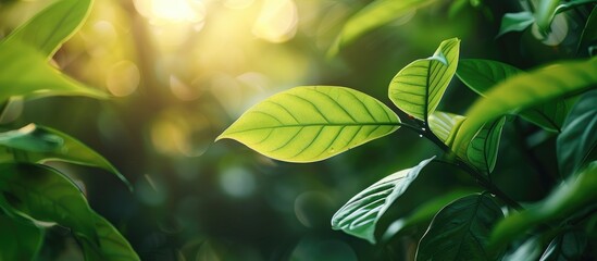 Wall Mural - Lush green leaf against a blurred garden backdrop with copy space image for an eco friendly and fresh wallpaper concept