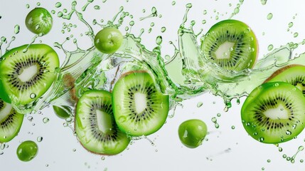 Wall Mural - Fresh Kiwi Slices in Tangy Splash, Vibrant Fruits in Clear Juice with Dynamic Movement on Plain Background, Generative Ai