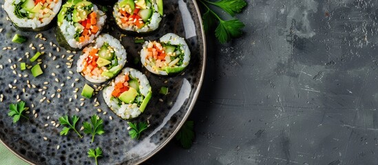 Poster - Top down view of homemade avocado tuna wraps arranged on a plate with space for text in the image. with copy space image. Place for adding text or design