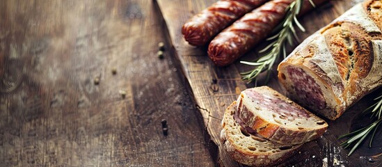 Poster - Vintage style filtered image of bread with sausage on a wooden backdrop with copy space image