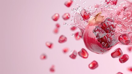 Vibrant Pomegranate Seeds in Suspended Liquid - Juicy and Healthy Refreshment Concept on Solid Backdrop, Generative Ai