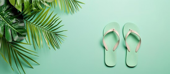 Poster - Summer style flip flops displayed on a fresh mint green backdrop with ample copy space image