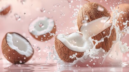 Wall Mural - Tropical Refreshment - Coconut Chunks in Juicy Splash with Dynamic Droplets on Solid Background, Generative Ai