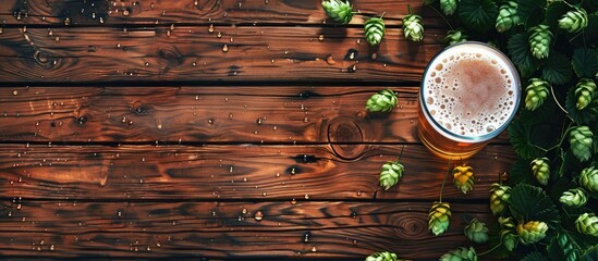 Aufkleber - Wooden background with a refreshing glass of light beer surrounded by water droplets and green hops creating an Oktoberfest themed copy space image